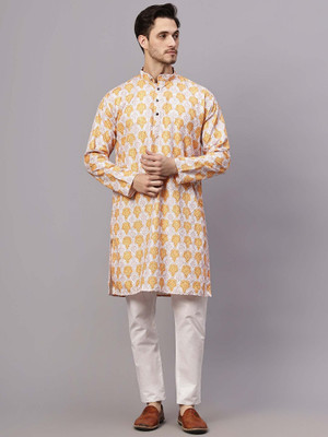 FireFish Men Self Design A-line Kurta(Yellow)