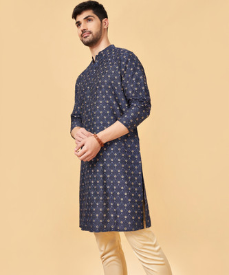 Indus Route by Pantaloons Men Floral Print Straight Kurta(Blue)
