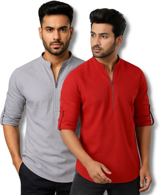 MAHIRAN Men Solid Straight Kurta(Grey, Red)