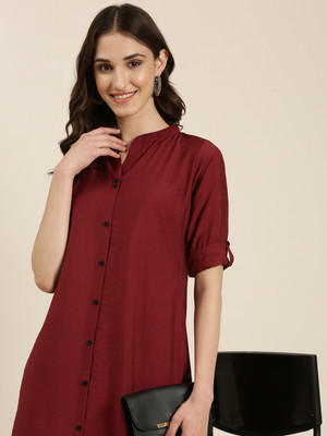 SHOWOFFFF Women Solid Flared Kurta(Maroon)