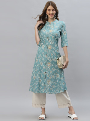 PYARELAL Women Floral Print A-line Kurta(Light Blue, Beige, White)