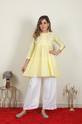 Beautifull Women Embroidered, Chikan Embroidery Flared Kurta(Yellow)