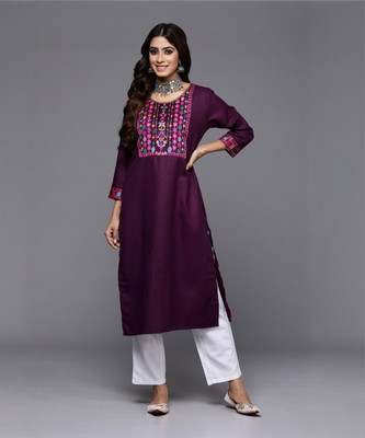Indo Era Women Embellished Straight Kurta(Purple)