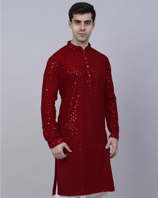 KSH Trendz Men Embroidered Straight Kurta(Maroon)