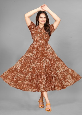 QUEUEE CREATION Women Printed Flared Kurta(Brown)