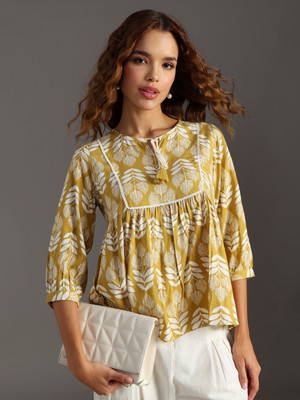 LIMEROAD Women Printed A-line Kurta(Yellow)