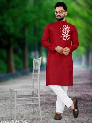 Mamta Biswas Men Printed Straight Kurta(Red)