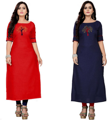 mahi creation Women Embroidered Straight Kurta(Dark Blue, Red)