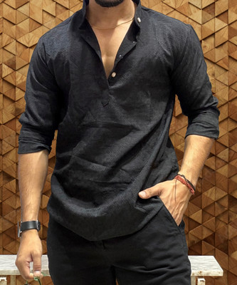 VISHV Men Self Design Straight Kurta(Black)
