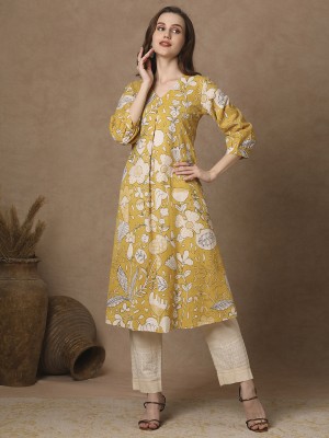 Fashor Women Printed A-line Kurta(Yellow)