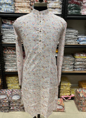 Lazzly Men Printed Straight Kurta(White)