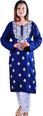 zhouse Women Chikan Embroidery A-line Kurta(Blue)