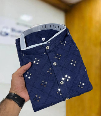 Simran Creation Men Embroidered Straight Kurta(Dark Blue)