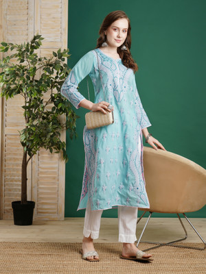 ADA Women Chikan Embroidery Straight Kurta(Blue)