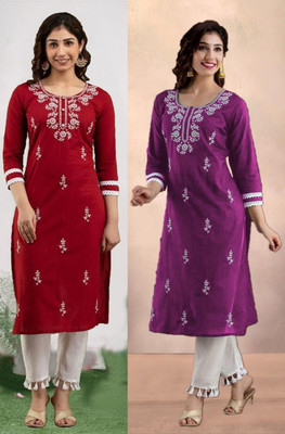 vikshi Women Chikan Embroidery Straight Kurta(Multicolor)