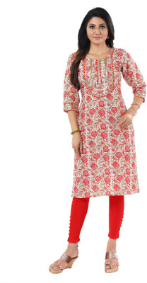 Keshubaba Women Printed Straight Kurta(Beige, Red)