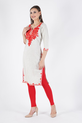 DIAMOND RUBY Women Embroidered A-line Kurta(Grey, Orange)