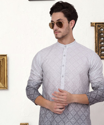 Jompers Men Printed Straight Kurta(Grey)