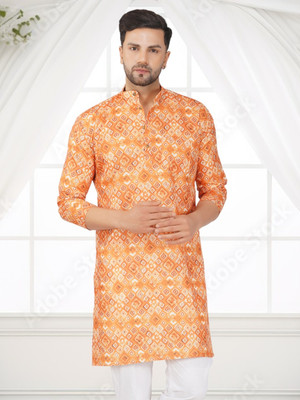 BASE 41 Men Printed Straight Kurta(Orange)