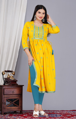 P PRIYA FASHION Women Embroidered Straight Kurta(Yellow)