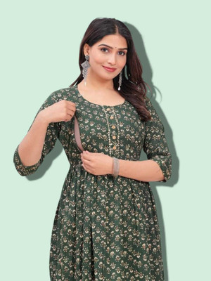 HOUSE OFF COMMON Women Printed Anarkali Kurta(Green)