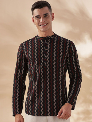 ANOUK Men Striped Straight Kurta(Black)