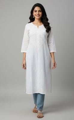 Elaasa Women Chikan Embroidery, Embroidered Frontslit Kurta(White)