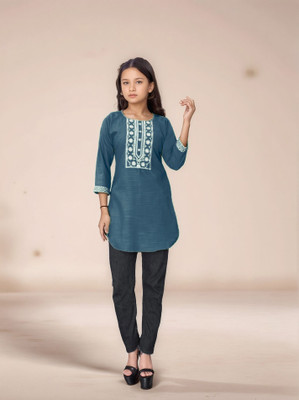Aarya Designer Girls Embroidered A-line Kurta(Blue)