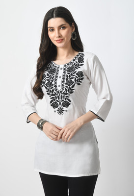 LIBOZA Women Embroidered A-line Kurta(White)