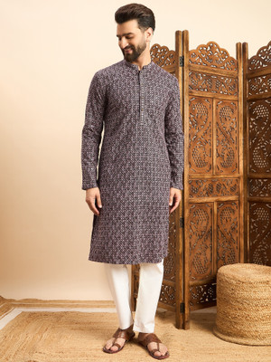 House of Pataudi Men Embroidered Straight Kurta(Purple)