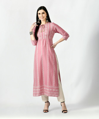 Blushia Women Printed Straight Kurta(Pink)