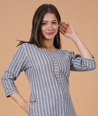 Rimeline Women Striped Straight Kurta(Grey, White)