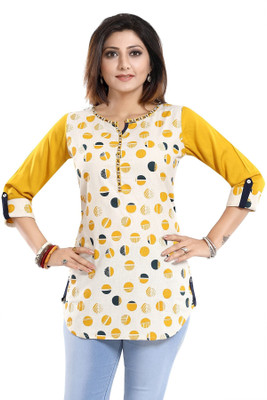 Anmi Women's Elegant Printed Short Kurti Tunic Top Printed Women Straight Kurta(Beige, Yellow)