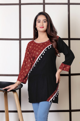 ShopGlobal Women Printed Anarkali Kurta(Black, Maroon)