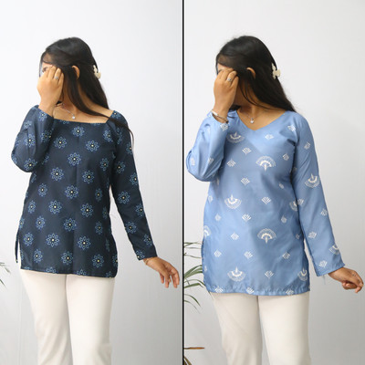 aanzri Women Printed Straight Kurta(Blue)