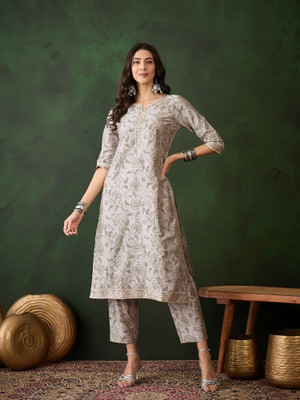 Sangria Women Printed Straight Kurta(Grey)