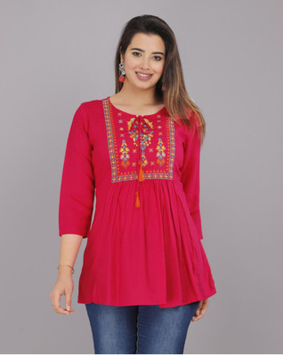 nav creation Party Embroidered, Solid Women Red Top
