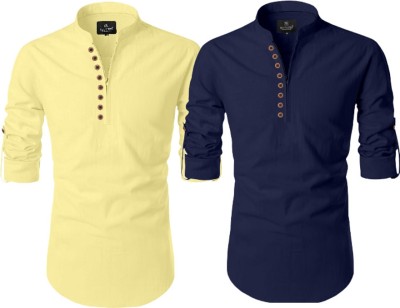 UPQUEDS Men Solid Straight Kurta(Yellow, Dark Blue)