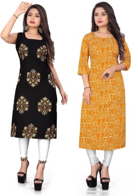 tanvi creation Women Floral Print Straight Kurta(Black, Yellow)