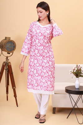 Sukkas Women Floral Print Straight Kurta(Pink)