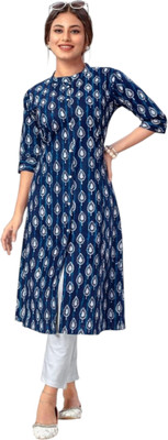 ABHI FAB Women Printed Straight Kurta(Dark Blue)