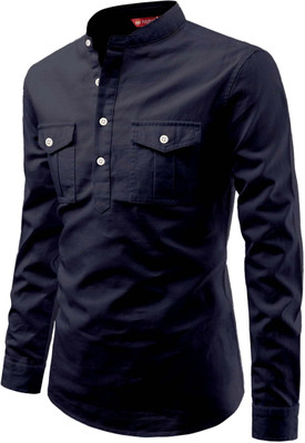 Yugnik Men Solid A-line Kurta(Dark Blue)