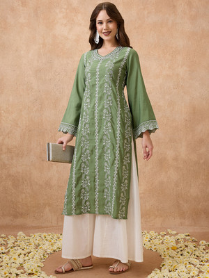 Globus Women Embroidered Straight Kurta(Green)