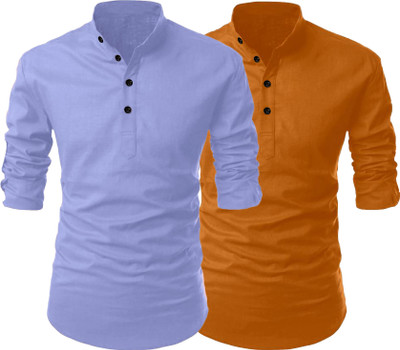 Fashion Marts Men Solid Straight Kurta(Blue, Orange)