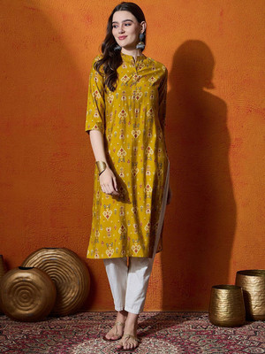 ANOUK Women Floral Print Straight Kurta(Yellow)