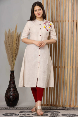 LOOMS21 Women Embroidered A-line Kurta(Beige)