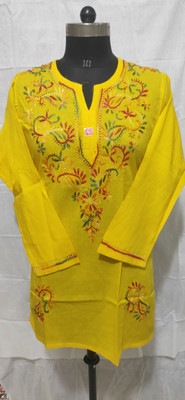 NACOLLECTION Women Chikan Embroidery Straight Kurta(Yellow)