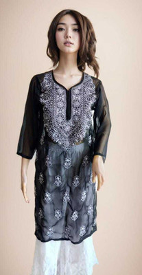 St Khalil Chikankari Women Chikan Embroidery, Embroidered Straight Kurta(Dark Blue)