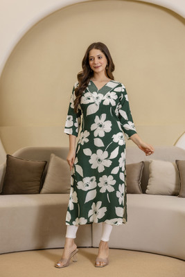 Kapadia Women Printed Straight Kurta(Dark Green)