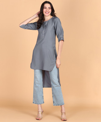 Aiza collection Women Solid High Low Kurta(Grey)